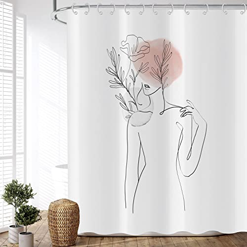 ASDCXZ Duschvorhang Boho Style 180x180 cm, Modern Abstrakt Kunst Minimalismus Mädchen Körper Kurve Blume Blätter Waschbar Duschvorhänge Textil Wasserdicht Duschvorhang für Badewanne mit 12 Haken von ASDCXZ