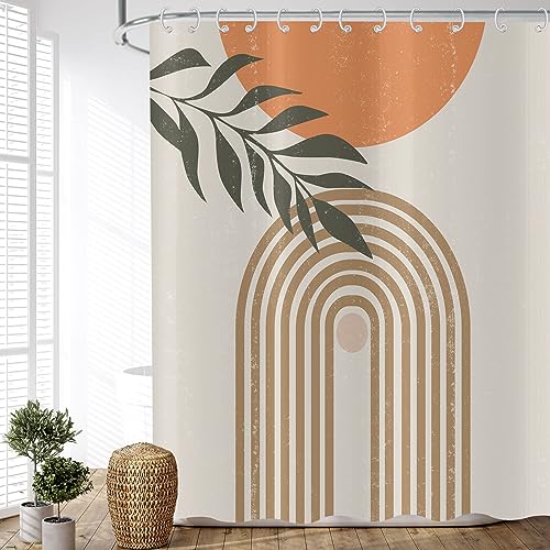 ASDCXZ Duschvorhang Boho Style 180x200 cm, Modern Abstrakt Kunst Blätter Sonne Linien Bogen Beige Bad Waschbar Duschvorhänge Polyester Textil Wasserdicht Duschvorhang für Badewanne mit 12 Haken von ASDCXZ