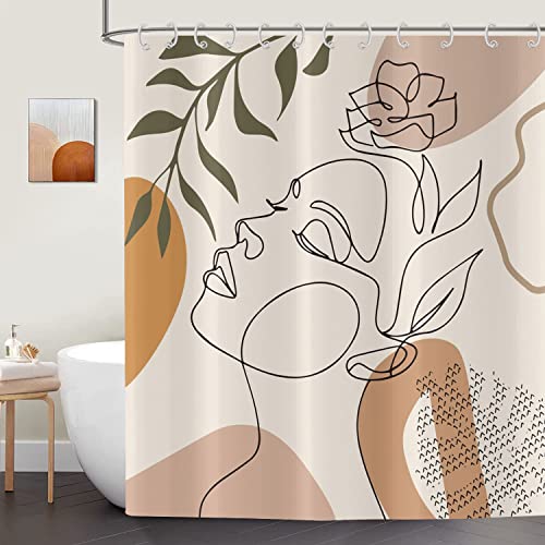 ASDCXZ Boho Style Duschvorhang 180x240 cm, Modern Abstrakt Kunst Beige Mädchen mit Gesicht Blumen Blätter Waschbar Duschvorhänge Polyester Textil Wasserdicht Duschvorhang für Badewanne mit 12 Haken von ASDCXZ