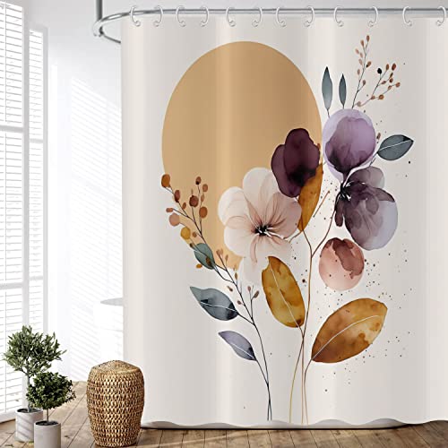 ASDCXZ Duschvorhang Boho Style 180x240 cm, Modern Abstrakt Kunst Handgemalt Rose Lila Blume Blätter Sonne Beige Waschbar Duschvorhänge Textil für Badewanne mit 12 Haken, Muster-10 von ASDCXZ