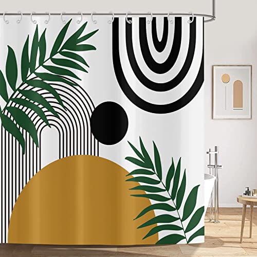 ASDCXZ Duschvorhang 180x240 cm Boho Style, Modern Abstrakt Kunst Sonne Grün Blätter Linie Bad Waschbar Duschvorhänge Polyester Textil Wasserdicht Duschvorhang für Badewanne mit 12 Haken von ASDCXZ