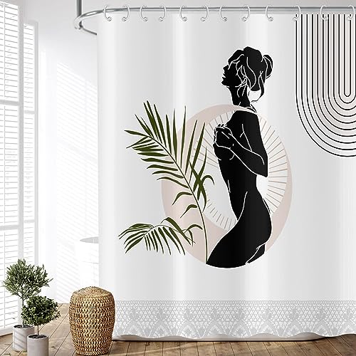 ASDCXZ Duschvorhang Boho Style 90x180 cm, Modern Abstrakt Kunst Elegant Mädchen Grün Blätter Weiß Bad Waschbar Duschvorhänge Polyester Textil Wasserdicht Duschvorhang für Badewanne mit 6 Haken von ASDCXZ