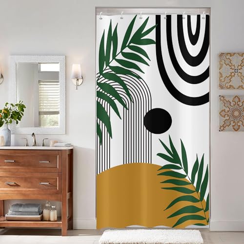 ASDCXZ Duschvorhang 90x180 cm Boho Style, Modern Abstrakt Kunst Sonne Grün Blätter Linie Bad Waschbar Duschvorhänge Polyester Textil Wasserdicht Duschvorhang für Badewanne mit 6 Haken von ASDCXZ