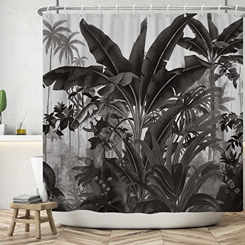 ASDCXZ Duschvorhang Dschungel 180x220 cm, Schwarz Handgemalt Tropical Pflanzen Blätter Waschbar Bad Duschvorhänge Polyester Textil Wasserdicht Duschvorhang für Badewanne mit 12 Duschvorhang Hake von ASDCXZ