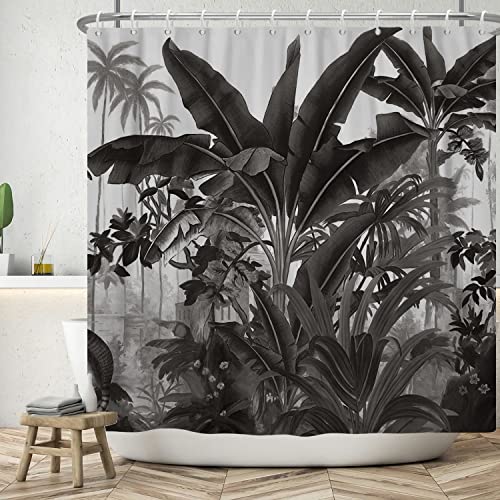 ASDCXZ Duschvorhang Dschungel 180x240 cm, Schwarz Handgemalt Tropical Pflanzen Blätter Waschbar Bad Duschvorhänge Polyester Textil Wasserdicht Duschvorhang für Badewanne mit 12 Duschvorhang Hake von ASDCXZ