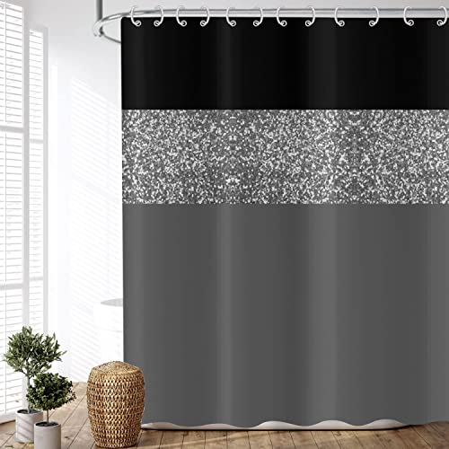 ASDCXZ Duschvorhang Glitzer 120x180 cm, Modern Schwarz Grau Glitzer Silbrig Spleißen Wasserdicht Textil Bad Duschvorhänge Waschbar Polyester Stoff Duschvorhang für Badewanne mit 8 Duschvorhang Hake von ASDCXZ