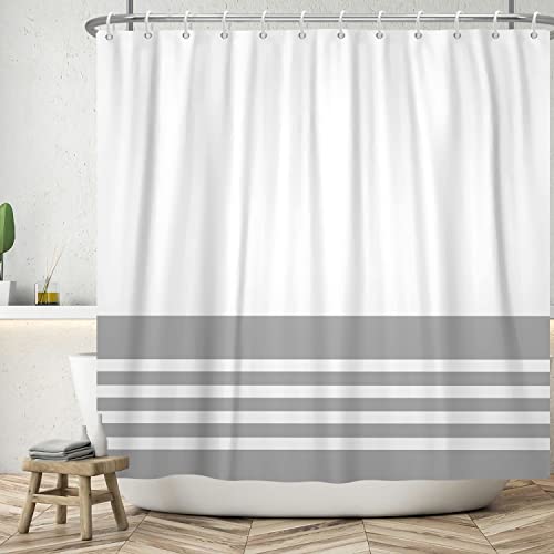 ASDCXZ Duschvorhang Grau 165x180 cm, Modern Grau Weiß Streifen Motiv Wasserdicht Textil Bad Duschvorhänge Waschbar Polyester Stoff Duschvorhang für Badewanne mit 12 Duschvorhang Hake von ASDCXZ