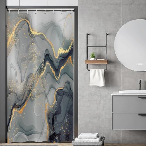 ASDCXZ Duschvorhang Grau Cyan Gold Marmor 120x180 cm, Modern Abstrakt Grau Gold Cyan Marmor Optik Textur Waschbar Bad Duschvorhnge Polyester Textil Wasserdicht Duschvorhang fr Badewanne mit 8 Haken von ASDCXZ