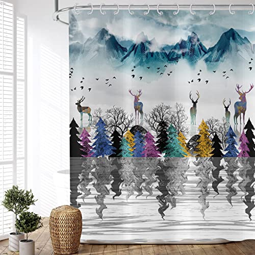 ASDCXZ Duschvorhang Hirsch 180x200 cm, Asiatische Japanisch Deko Fuji Aquarell Blau Hirsch Wald Peak Vogel Waschbar Duschvorhänge Polyester Textil Wasserdicht Duschvorhang für Badewanne mit 12 Haken von ASDCXZ