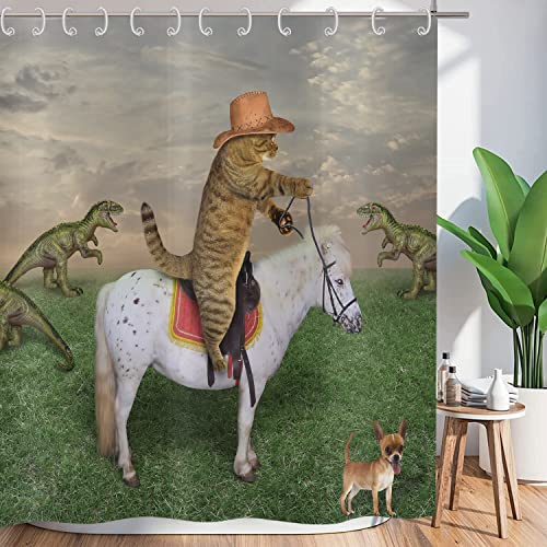 ASDCXZ Duschvorhang Lustig 150x180 cm, West Cowboy Bauernhof Lustig Katze Fahrt Pferd Waschbar Textil Badezimmer Vorhänge Polyester Wasserdicht Duschvorhänge für Badewanne mit 12 Duschvorhang Hake von ASDCXZ