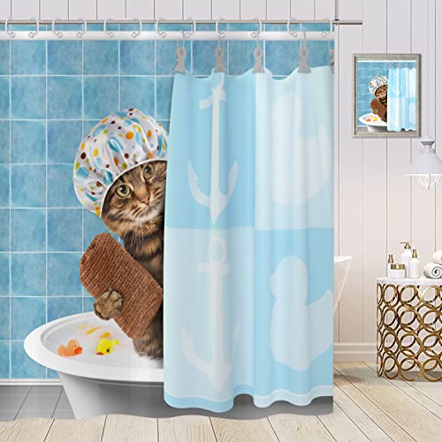 ASDCXZ Duschvorhang Lustig 180x200 cm, Blau Lustig Katze Badewanne Duschen Kind Duschvorhänge Stoff Waschbar Polyester Textil Wasserdicht Duschvorhang für Badewanne mit 12 Duschvorhang Hake von ASDCXZ