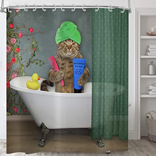 ASDCXZ Duschvorhang Lustig Katze 180x240 cm, Lustig Duschen Katze Rose Rot Blumen Kind Waschbar Bad Duschvorhänge Wasserdicht Polyester Textil Duschvorhang für Badewanne mit 12 Duschvorhang Hake von ASDCXZ