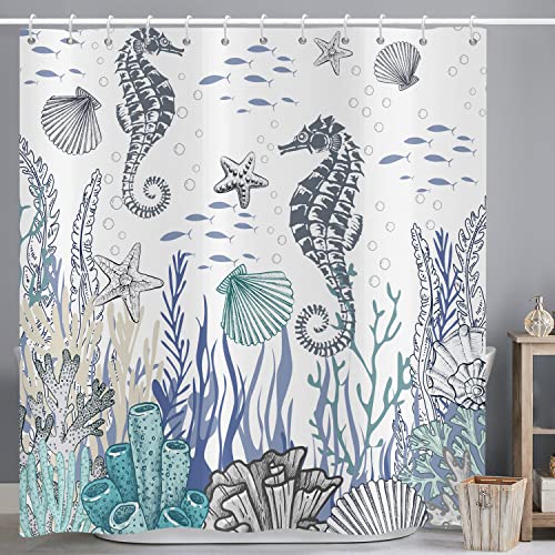 ASDCXZ Duschvorhang Maritim 180x180 cm, Handgemalt Meerestiere Hippocampus Fisch Muscheln Seestern Blau Waschbar Duschvorhänge Polyester Textil Wasserdicht Duschvorhang für Badewanne mit 12 Haken von ASDCXZ