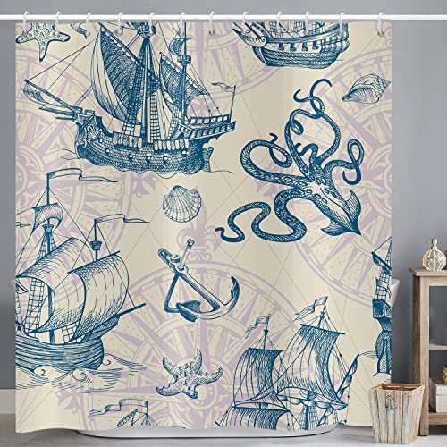 ASDCXZ Duschvorhang Maritim 180x200 cm, Maritim Nautische Segelboot Anker Meerestiere Kraken Muscheln Waschbar Duschvorhänge Polyester Textil Wasserdicht Duschvorhang für Badewanne mit 12 Haken von ASDCXZ