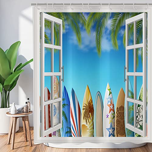 ASDCXZ Maritim Palmen Stran Duschvorhang 180x180 cm, Sommer Fensteransicht Seaside Blauer Himmel Surfbrett Tropisch Blätter Waschbar Duschvorhänge Wasserdicht Duschvorhang für Badewanne mit 12 Haken von ASDCXZ