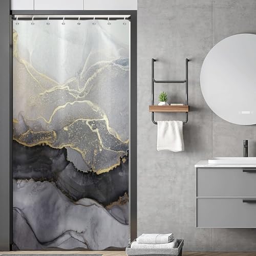 ASDCXZ Duschvorhang Marmor 120x180 cm, Modern Abstrakt Grau Schwarz Gold Marmor Optik Textur Waschbar Stoff Bad Duschvorhänge Polyester Textil Wasserdicht Duschvorhang für Badewanne mit 8 Hake von ASDCXZ