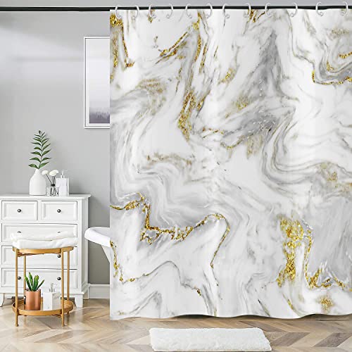 ASDCXZ Duschvorhang Marmor 180x180 cm, Modern Abstrakt Grau Gold Weiß Marmor Optik Textur Waschbar Stoff Bad Duschvorhänge Polyester Textil Wasserdicht Duschvorhang für Badewanne mit 12 Hake von ASDCXZ