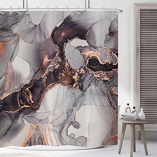 ASDCXZ Marmor Duschvorhang Schwarz Gold 180x180 cm, Modern Abstrakt Grau Schwarz Gold Marmor Optik Textur Waschbar Duschvorhänge Polyester Textil Wasserdicht Duschvorhang für Badewanne mit 12 Hake von ASDCXZ