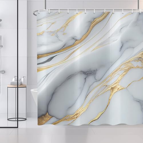 ASDCXZ Duschvorhang Marmor 180x180 cm, Modern Abstrakt Grau Cyan Gold Weiß Marmor Optik Textur Waschbar Stoff Bad Duschvorhänge Polyester Textil Wasserdicht Duschvorhang für Badewanne mit 12 Hake von ASDCXZ