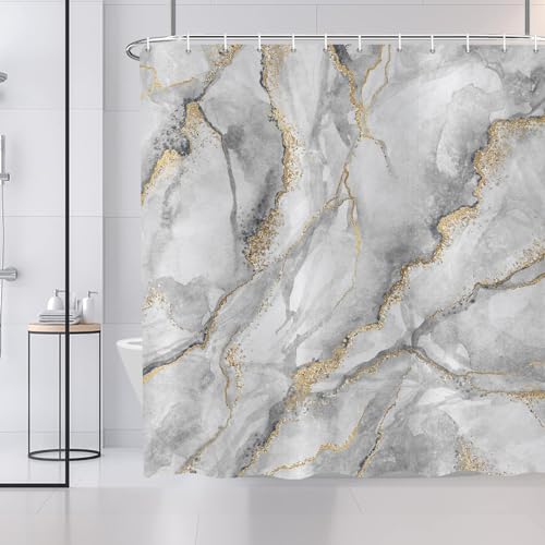 ASDCXZ Marmor Duschvorhang 180x180 cm, Modern Abstrakt Grey Weiß Gold Marmor Optik Textur Bunt Bad Waschbar Duschvorhänge Polyester Textil Wasserdicht Badevorhang für Badewanne mit 12 Haken von ASDCXZ