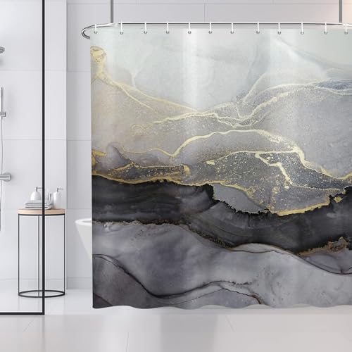 ASDCXZ Duschvorhang Marmor 180x180 cm, Modern Abstrakt Grau Schwarz Gold Marmor Optik Textur Waschbar Stoff Bad Duschvorhänge Polyester Textil Wasserdicht Duschvorhang für Badewanne mit 12 Hake von ASDCXZ