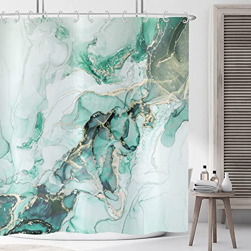 ASDCXZ Duschvorhang Marmor 180x180 cm, Modern Türkis Weiß Gold Natur Marmor Optik Textur Waschbar Bad Duschvorhänge Wasserdicht Polyester Textil Duschvorhang für Badewanne mit 12 Duschvorhang Hake von ASDCXZ