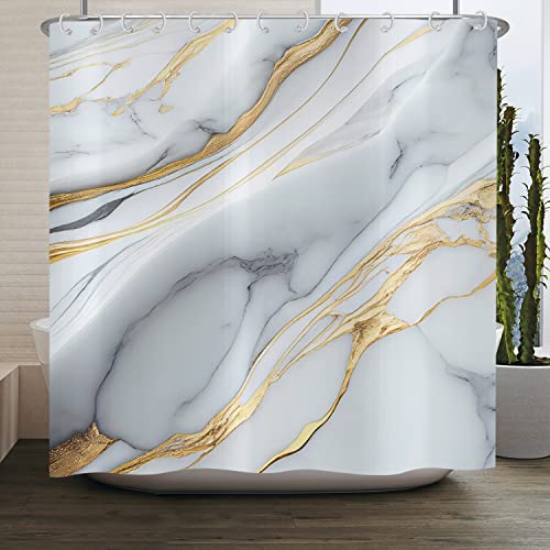 ASDCXZ Duschvorhang Marmor 180x220 cm, Modern Abstrakt Grau Cyan Gold Weiß Marmor Optik Textur Waschbar Stoff Bad Duschvorhänge Polyester Textil Wasserdicht Duschvorhang für Badewanne mit 12 Hake von ASDCXZ