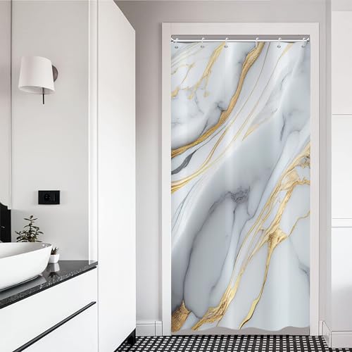 ASDCXZ Duschvorhang Marmor 90x180 cm, Modern Abstrakt Grau Cyan Gold Weiß Marmor Optik Textur Waschbar Stoff Bad Duschvorhänge Polyester Textil Wasserdicht Duschvorhang für Badewanne mit 6 Hake von ASDCXZ