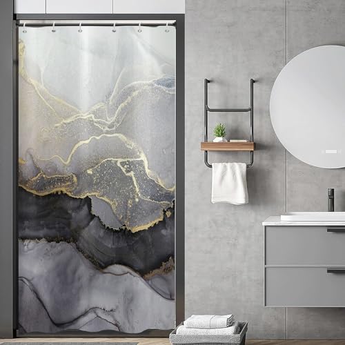 ASDCXZ Duschvorhang Marmor 90x180 cm, Modern Abstrakt Grau Schwarz Gold Marmor Optik Textur Waschbar Stoff Bad Duschvorhänge Polyester Textil Wasserdicht Duschvorhang für Badewanne mit 6 Hake von ASDCXZ