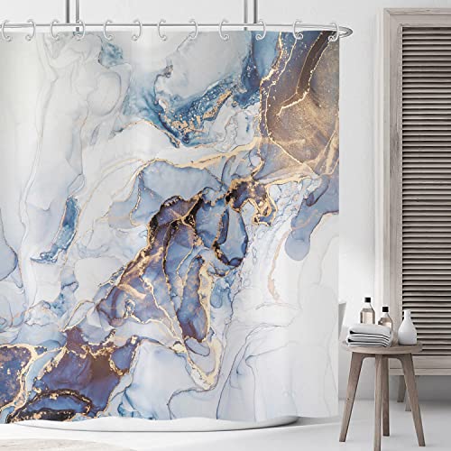 ASDCXZ Duschvorhang Marmor Blau 180x200 cm, Modern Abstrakt Blau Gold Weiß Marmor Optik Textur Waschbar Stoff Bad Duschvorhänge Polyester Textil Wasserdicht Duschvorhang für Badewanne mit 12 Hake von ASDCXZ