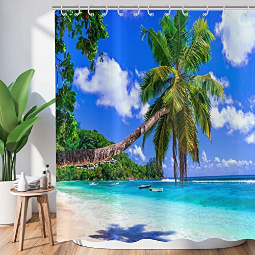 ASDCXZ Duschvorhang Palmen Strand 180x200 cm, Sommer Seaside Blauer Himmel Tropisch Pflanzen Duschvorhänge Waschbar Polyester Textil Wasserdicht Duschvorhang für Badewanne mit 12 Duschvorhang Haken von ASDCXZ