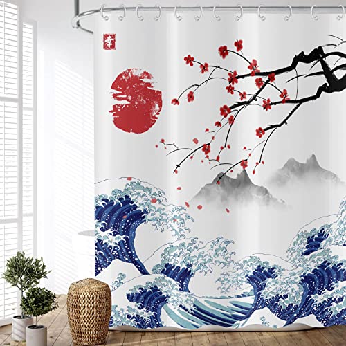 ASDCXZ Duschvorhang Pflaumenblüte 180x220 cm, Asiatische Chinesische Malerei Pflaumenblüte Sonne Peak Waschbar Duschvorhänge Polyester Textil Wasserdicht Duschvorhang für Badewanne mit 12 Haken von ASDCXZ