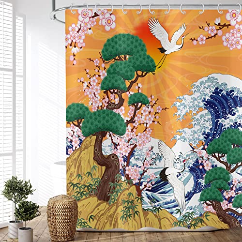ASDCXZ Duschvorhang Pflaumenblüte 90x180 cm, Asiatische Chinesische Malerei Pflaumenblüte Kiefer Zypresse Waschbar Duschvorhänge Polyester Textil Wasserdicht Duschvorhang für Badewanne mit 6 Haken von ASDCXZ