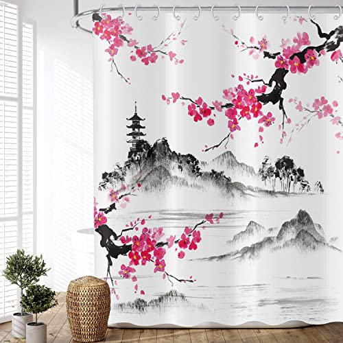 ASDCXZ Duschvorhang Pflaumenblüte 90x180 cm, Asiatische Chinesische Malerei Pflaumenblüte Peak Tempel Waschbar Duschvorhänge Polyester Textil Wasserdicht Duschvorhang für Badewanne mit 12 Haken von ASDCXZ