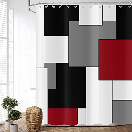 ASDCXZ Duschvorhang Rot 180x200 cm, Modern Abstrakt Geometrie Rot Schwarz Grau Weiß Wasserdicht Textil Bad Duschvorhänge Waschbar Polyester Stoff Duschvorhang für Badewanne mit 12 Duschvorhang Hake von ASDCXZ