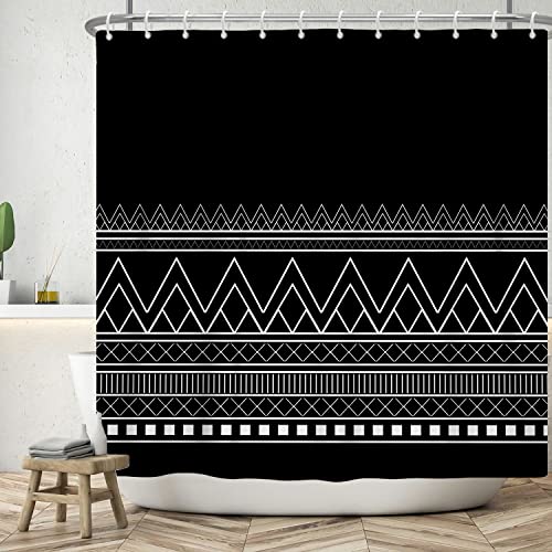 ASDCXZ Duschvorhang Schwarz 180x200 cm, Modern Boho Schwarz Weiss Welle Linien Wasserdicht Bad Duschvorhänge Ösen Stoff Waschbar Polyester Textil Duschvorhang für Badewanne mit 12 Duschvorhang Hake von ASDCXZ