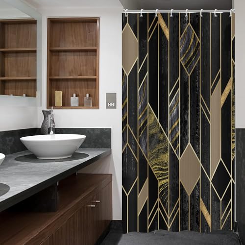 ASDCXZ Duschvorhang Schwarz Gold Marmor 120x180 cm, Modern Leichter Luxus Gold Linie Marmor Optik Bad Duschvorhänge Waschbar Polyester Textil Wasserdicht Duschvorhang für Badewanne mit 8 Hake von ASDCXZ