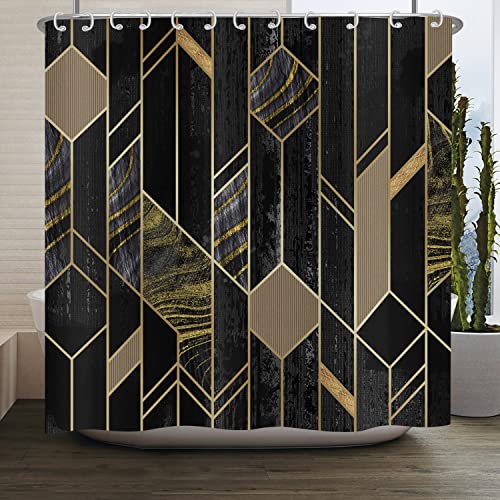 ASDCXZ Duschvorhang Schwarz Gold Marmor 180x220 cm, Modern Leichter Luxus Gold Linie Marmor Optik Bad Duschvorhänge Waschbar Polyester Textil Wasserdicht Duschvorhang für Badewanne mit 12 Hake von ASDCXZ