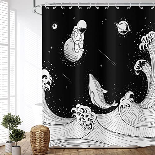 ASDCXZ Duschvorhang Schwarz Weiss 180x180 cm, Handgemalt Meerestiere Delphin Astronaut Stern Waschbar Duschvorhänge Antischimmel Polyester Textil Wasserdicht Vorhang für Badewanne mit 12 Haken von ASDCXZ