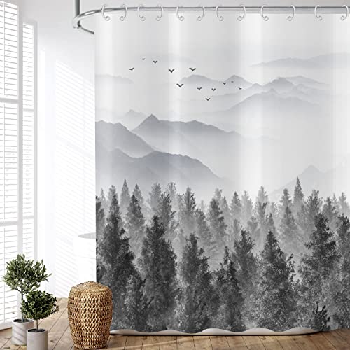 ASDCXZ Duschvorhang Wald 150x180 cm, Naturlandschaft Grau Wald Nebelig Wald Motiv Wasserdicht Textil Bad Duschvorhänge Waschbar Polyester Stoff Duschvorhang für Badewanne mit 12 Duschvorhang Hake von ASDCXZ