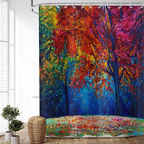 ASDCXZ Duschvorhang Wald 180x180 cm, Modern Kunst Bunt Ölgemälde Wald Hölzer Wasserdicht Textil Bad Duschvorhänge Waschbar Polyester Stoff Duschvorhang für Badewanne mit 12 Duschvorhang Hake von ASDCXZ