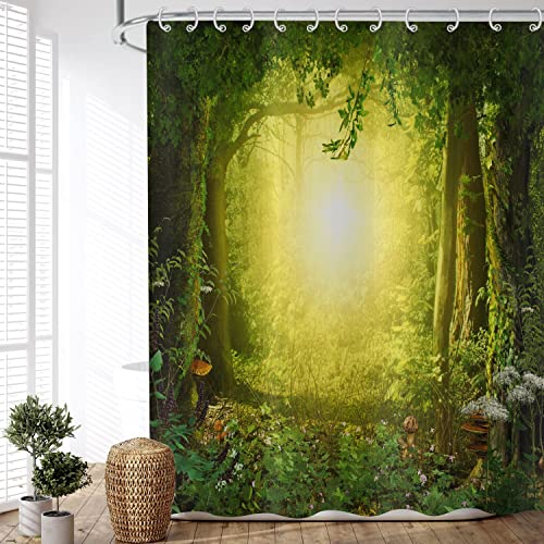 ASDCXZ Duschvorhang Wald 180x180 cm, Naturlandschaft Grün Wald Sonnenschein Motiv Wasserdicht Textil Bad Duschvorhänge Waschbar Polyester Stoff Duschvorhang für Badewanne mit 12 Duschvorhang Hake von ASDCXZ