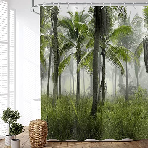 ASDCXZ Duschvorhang Wald 180x220 cm, Naturlandschaft Grün Palme Nebelig Wald Motiv Wasserdicht Textil Bad Duschvorhänge Waschbar Polyester Stoff Duschvorhang für Badewanne mit 12 Duschvorhang Hake von ASDCXZ