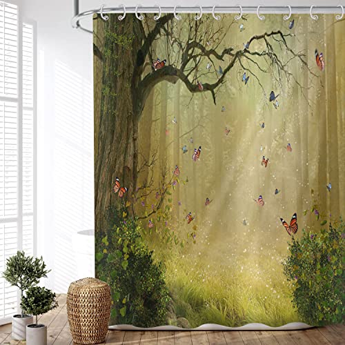ASDCXZ Duschvorhang Wald 180x220 cm, Naturlandschaft Grün Wald Sonnenschein Motiv Wasserdicht Textil Bad Duschvorhänge Waschbar Polyester Stoff Duschvorhang für Badewanne mit 12 Duschvorhang Hake von ASDCXZ