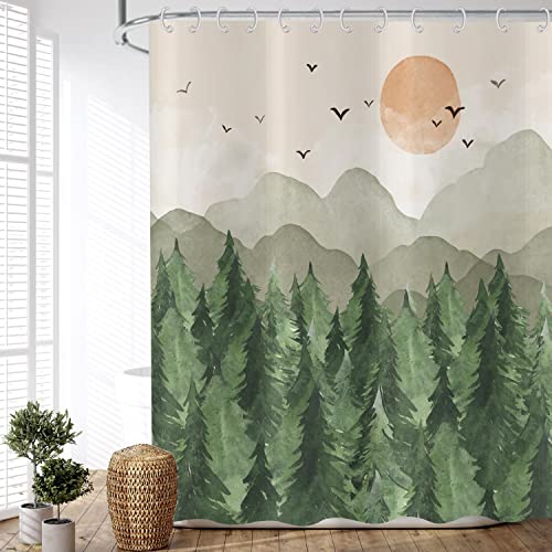 ASDCXZ Duschvorhang Wald 180x240 cm, Asiatische Chinesische Malerei Aquarell Grün Hölzer Peak Vogel Waschbar Duschvorhänge Polyester Textil Wasserdicht Duschvorhang für Badewanne mit 12 Haken von ASDCXZ