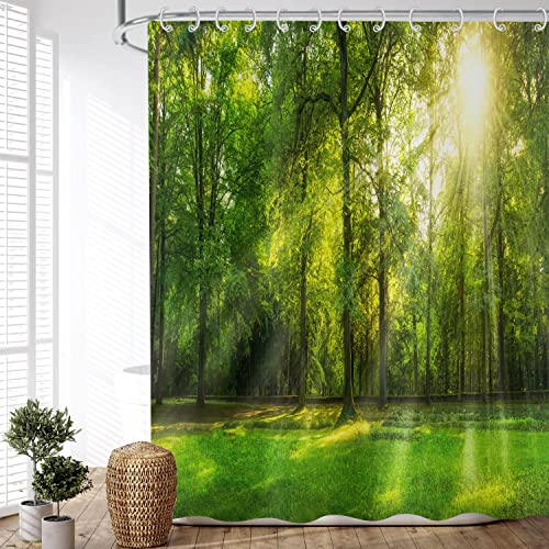 ASDCXZ Duschvorhang Wald 90x180 cm, Naturlandschaft Grün Wald Sonnenschein Motiv Wasserdicht Textil Bad Duschvorhänge Waschbar Polyester Stoff Duschvorhang für Badewanne mit 6 Duschvorhang Hake von ASDCXZ