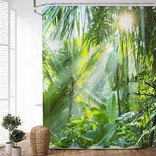 ASDCXZ Duschvorhang Wald 90x180 cm, Naturlandschaft Grün Wald Sonnenschein Motiv Wasserdicht Textil Bad Duschvorhänge Waschbar Polyester Stoff Duschvorhang für Badewanne mit 6 Duschvorhang Hake von ASDCXZ