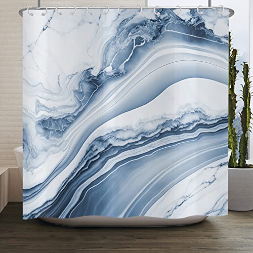 ASDCXZ Duschvorhang Weiß Blau Marmor 180x220 cm, Modern Abstrakt Weiß Blau Marmor Optik Textur Waschbar Bad Duschvorhänge Polyester Textil Wasserdicht Duschvorhang für Badewanne mit 12 Hake von ASDCXZ