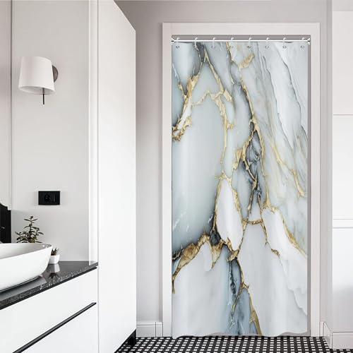 ASDCXZ Duschvorhang Weiß Cyan Gold Marmor 120x180 cm, Modern Abstrakt Weiß Gold Cyan Marmor Optik Textur Waschbar Bad Duschvorhänge Polyester Textil Wasserdicht Duschvorhang für Badewanne mit 8 Hake von ASDCXZ