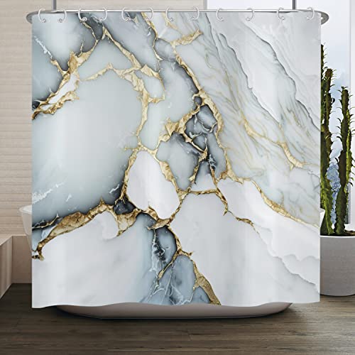 ASDCXZ Duschvorhang Weiß Cyan Gold Marmor 180x180 cm, Modern Abstrakt Weiß Gold Cyan Marmor Optik Textur Waschbar Bad Duschvorhänge Polyester Textil Wasserdicht Duschvorhang für Badewanne mit 12 Hake von ASDCXZ